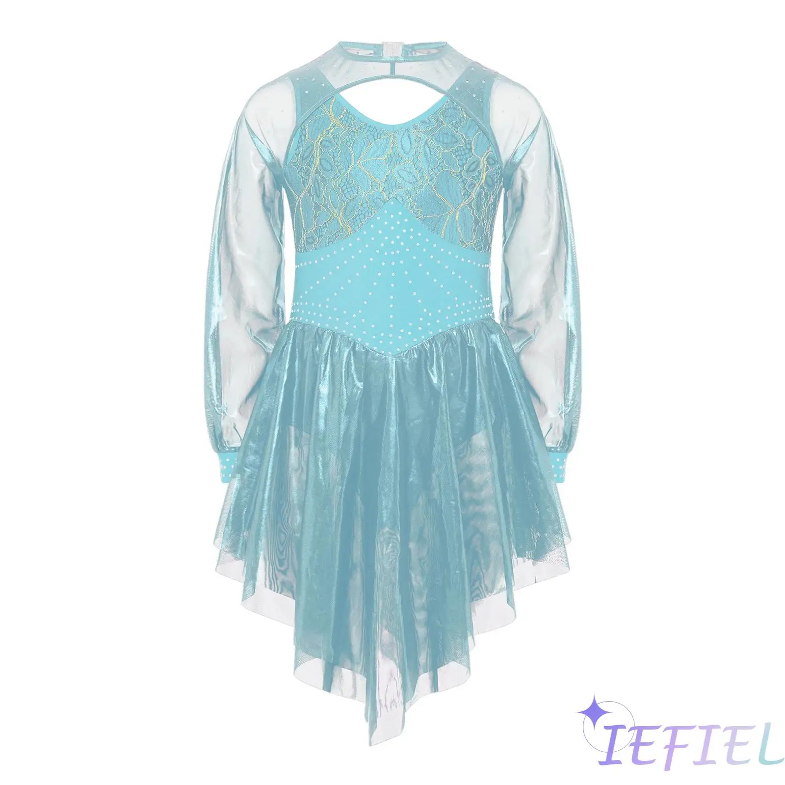 

Girls Modern Lyrical Dance Costume Lace Rhinestones Bodice Long Sleeves Cutout Asymmetric Metallic Dress with Built-in Briefs