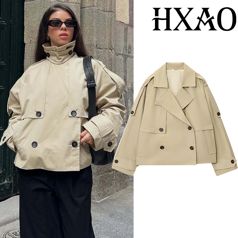 

HXAO женская ветровка, укороченное пальто, двубортный плащ, женская верхняя одежда, осеннее водонепроницаемое новое пальто с длинными рукавами