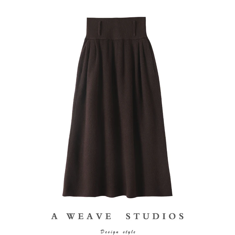 

TLOML New Women's 100% Cashmere Knit Skirt A-line Thick Mid-calf Skirt Autumn Winter Office Lady Grace Cashmere Skirt Knitwear