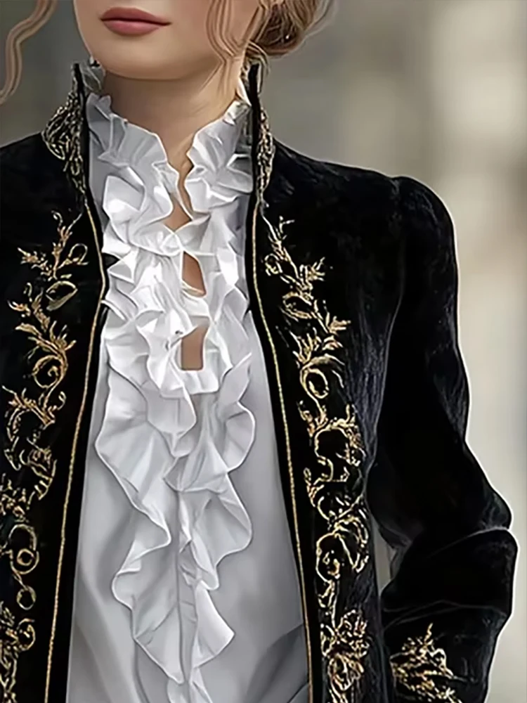 

Elegant Vintage Velvet Satin Women Ethnic Outerwear Black Stand-up Collar Bell Sleeve Fall Winter Female Retro Long Jacket Coats