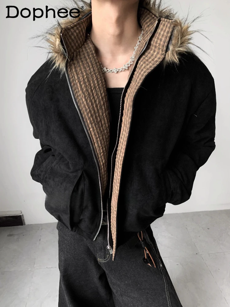 

Male Light Luxury Plaid Faux Fur Collar Padded Shoulder Parkas Men's 2025 Winter New High-end Quilted Jackets Male Handsome Coat