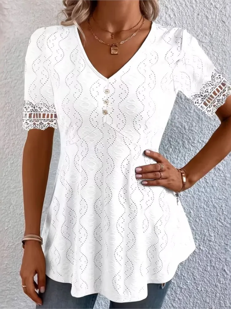 

Casual Short Sleeve Lace Tops For Women 2026 Summer Slim V-neck Blouses Elegant