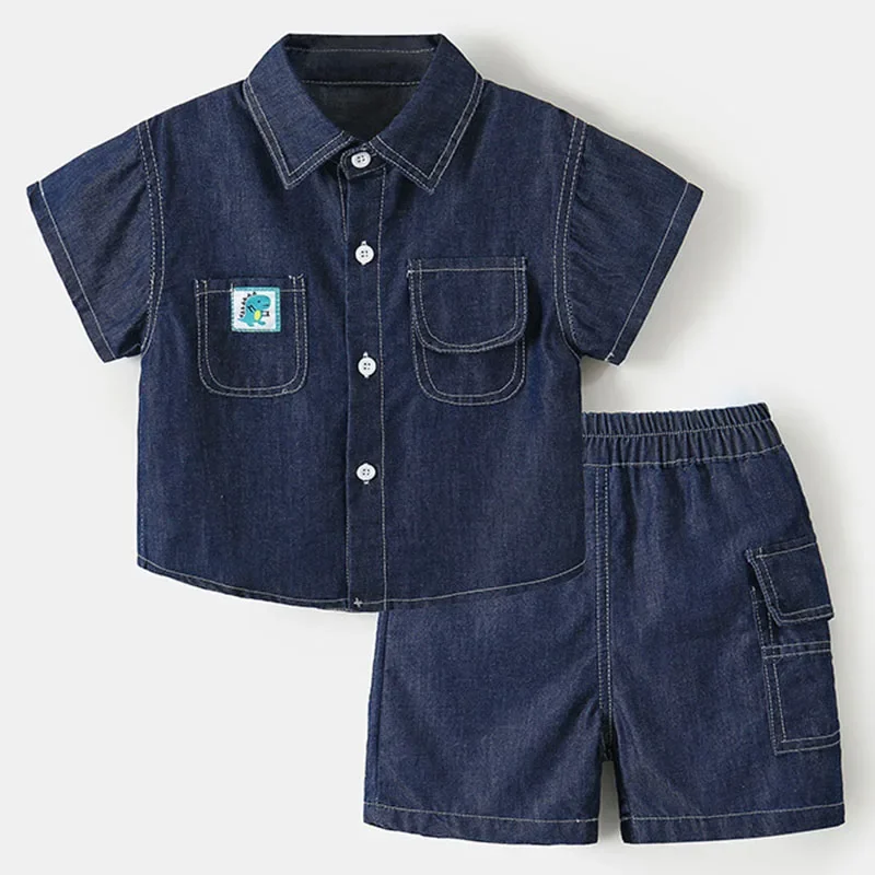 

2Piece Summer Toddler Boy Clothing Korean kids Clothes Fashion Casual Denim Short Sleeve Baby Tops+Shorts Children's Sets B059
