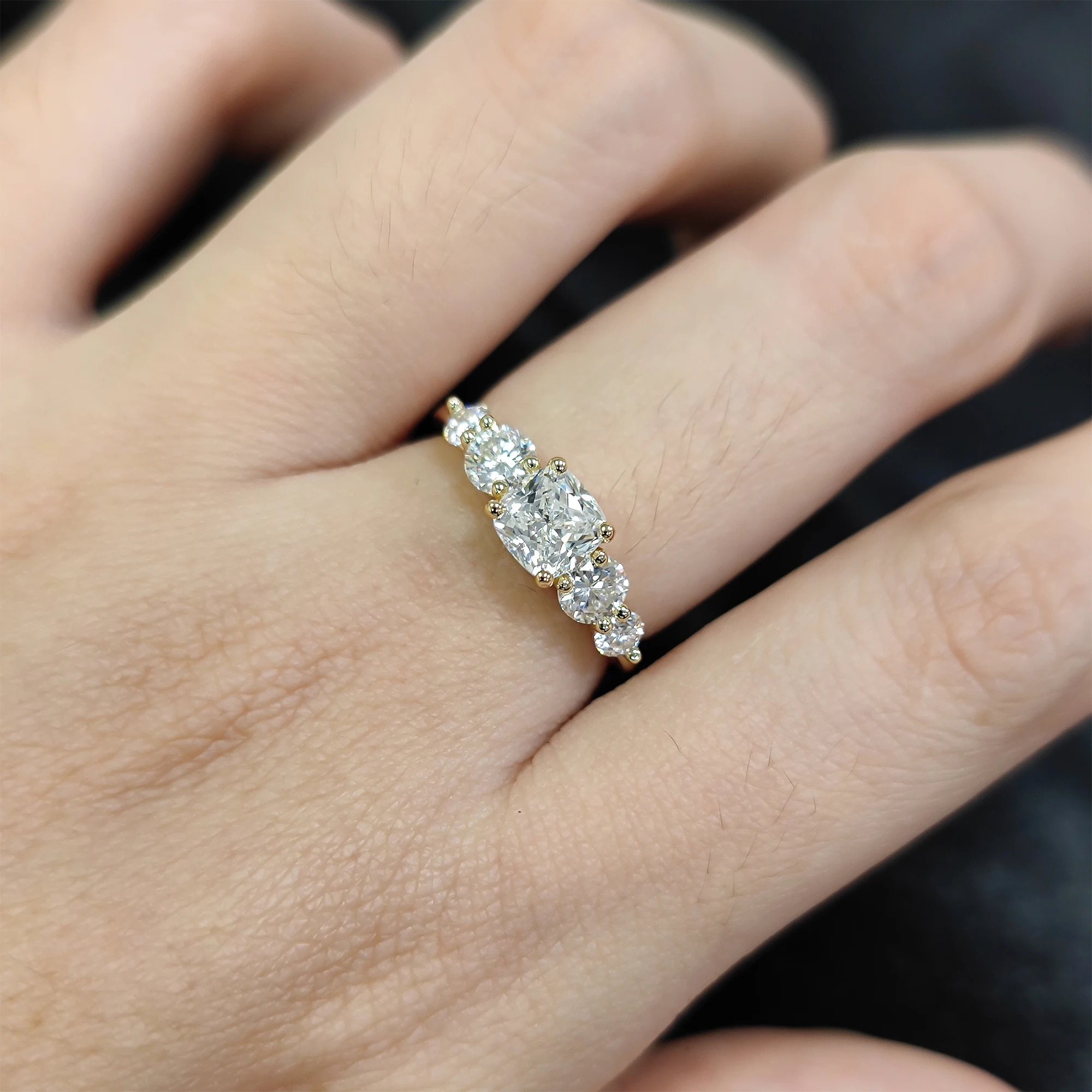 GEM'S BALLET 0.8CTW 5.5x5.5mm Cushion Cut Moissanite Five Stone Engagement Ring In 18K Gold Plated Sterling Silver