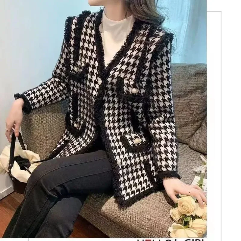 Manteau en laine pied-de-poule pour femme, vêtement haut de gamme, pour petites personnes, nouvelle collection automne et hiver 2025