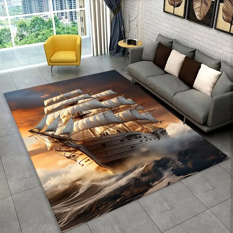 Storm Pirate Ship Boat Barque Large Area Rug Non-slip Durable Carpet for Bedroom Living Room Sofa Doormat Home Decor Floor Mat