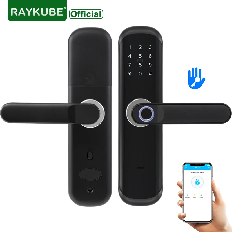 RAYKUBE TT lock Bluetooth Fingerprint Door Lock M1 Card Password Keyless Add Gateway Work With Alexa/Google Unlock Wifi Black X3