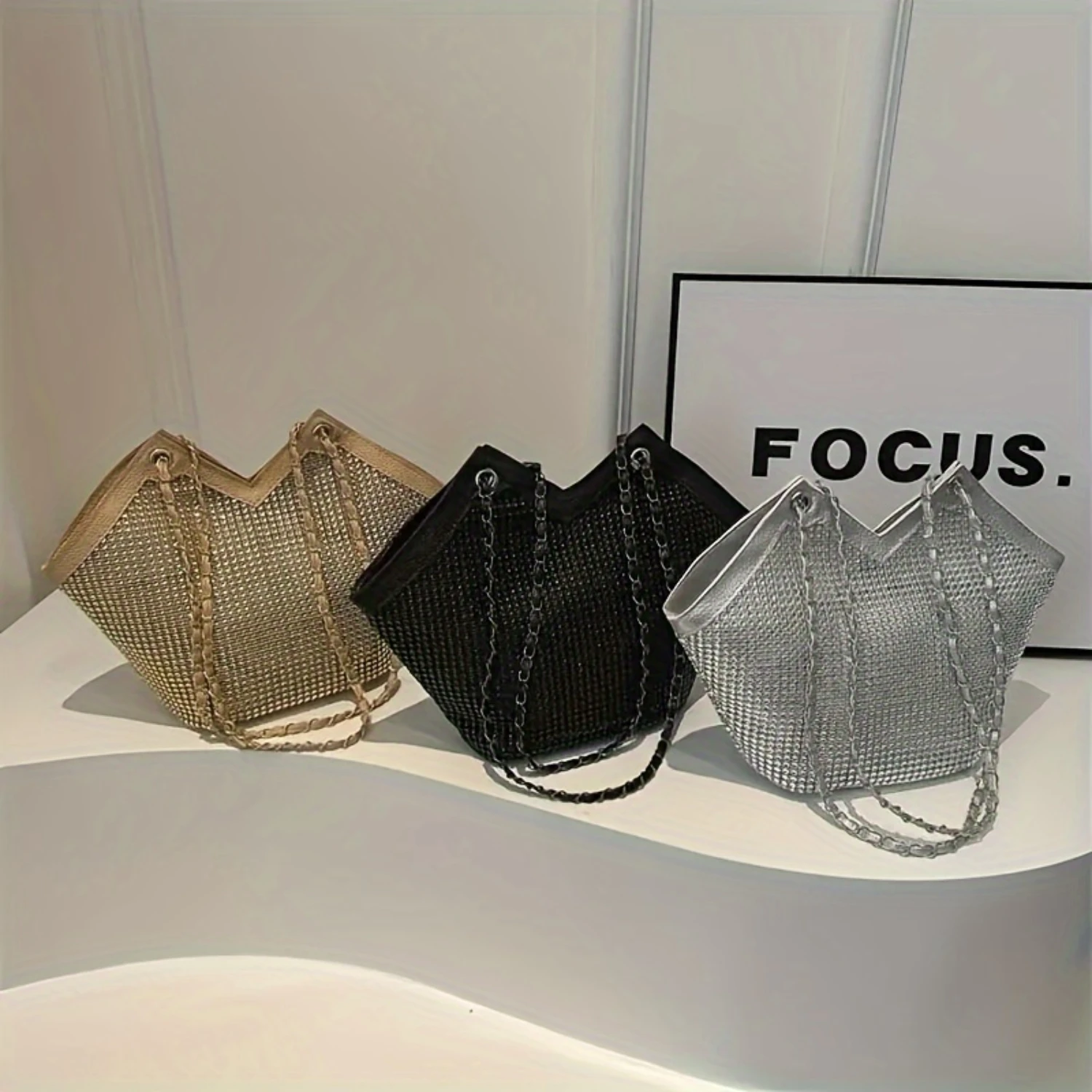 

Rhinestone Tote Bag with Chain Shoulder - Luxury Fashion for Women