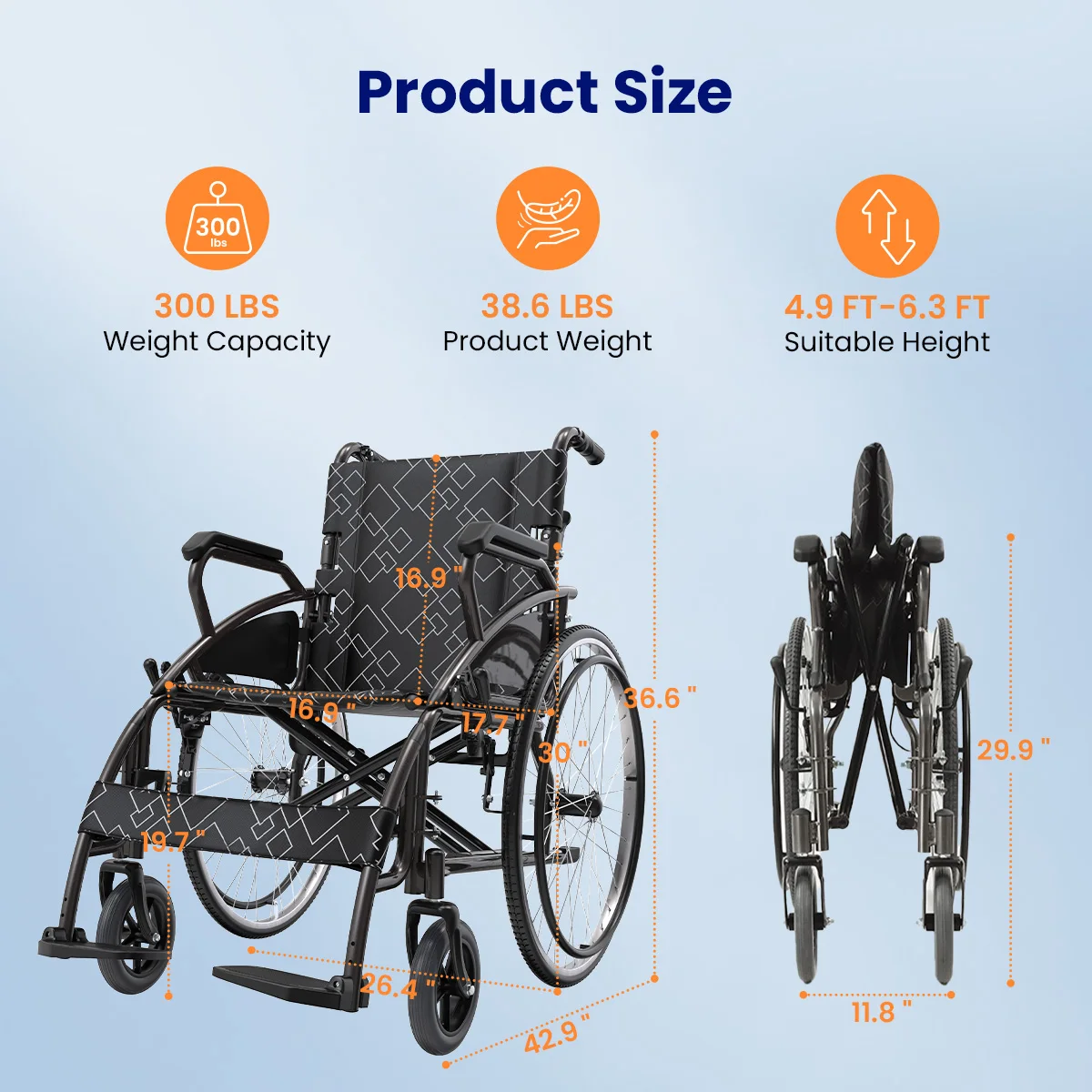 Transport Wheelchair, Portable and Folding, with Adjustable Folding Armrests