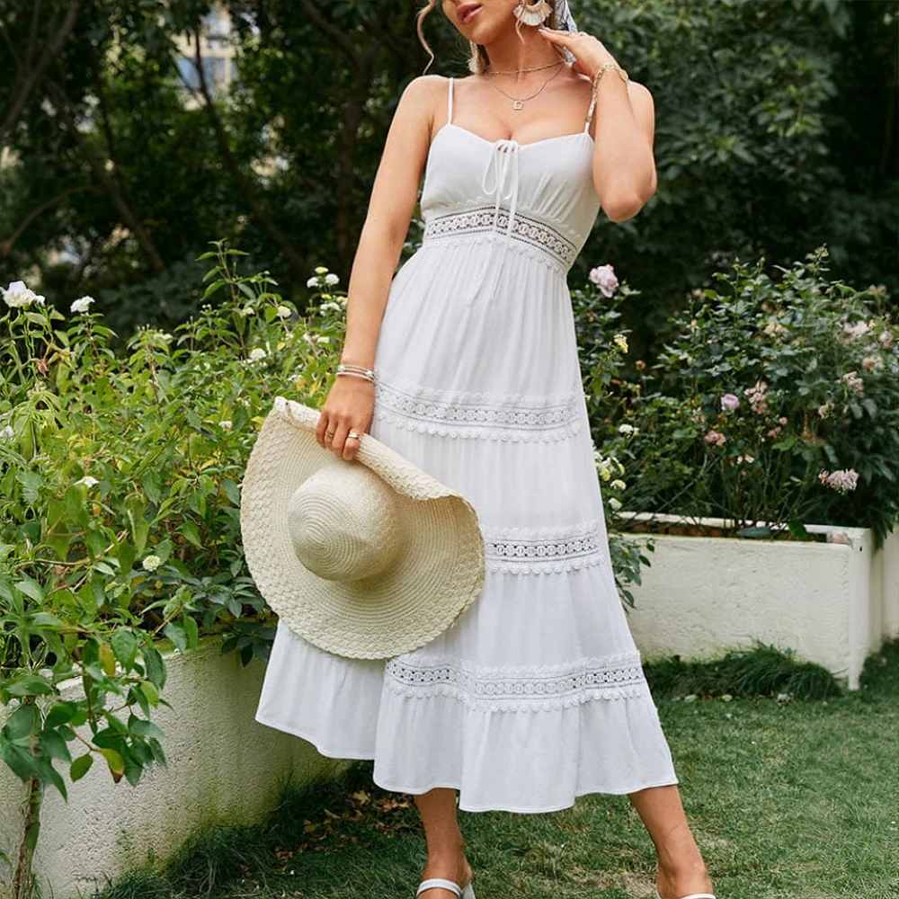 Damska solidna Boho z paskami koronkowa plaża wakacje długa sukienka maxi letnia damska bez rękawów wakacje codzienna sukienka letnia rozmiar S-2XL