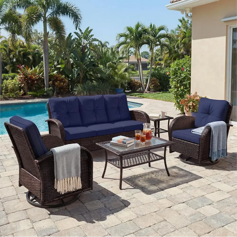 

5 Pieces Patio urniture Sets, Wicker Outdoor 3-Seat Soa Set with Swivel Chairs, Patio Contion Set or Deck Backyard Garden, Brown