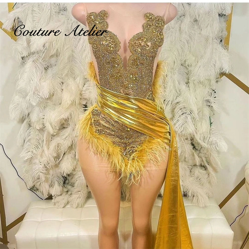 

Golden Feathers Side Train Rhinestoneds Crystal Mini Prom Dresses Black Girls African Mermaid Wedding Party Dress Customized