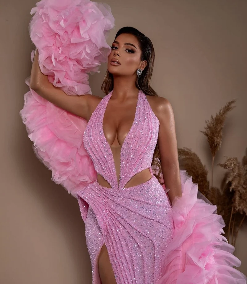 Exquisite Halter Evening Dresses African Girls High Split  Sequin Handmade Flower Long Mermaid Prom Gown Luxury Customized