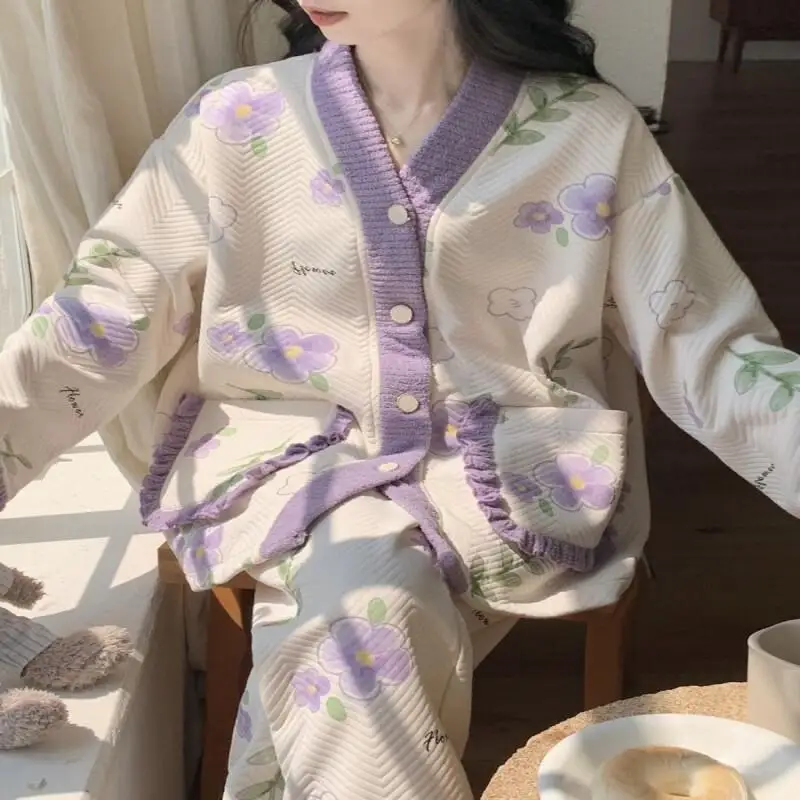 بيجامة قطنية هوائية للنساء في الخريف والشتاء طقم بيجامة مثير ملابس منزلية عصرية أطقم جديدة متطابقة بدلة نسائية أنيقة #4