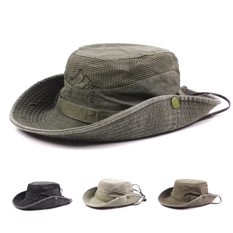 Men Summer Bucket Hat For Outdoor UV Protection Cotton Mesh Cap Jungle Fisherman Hiking Travel Beach With Windproof Rope