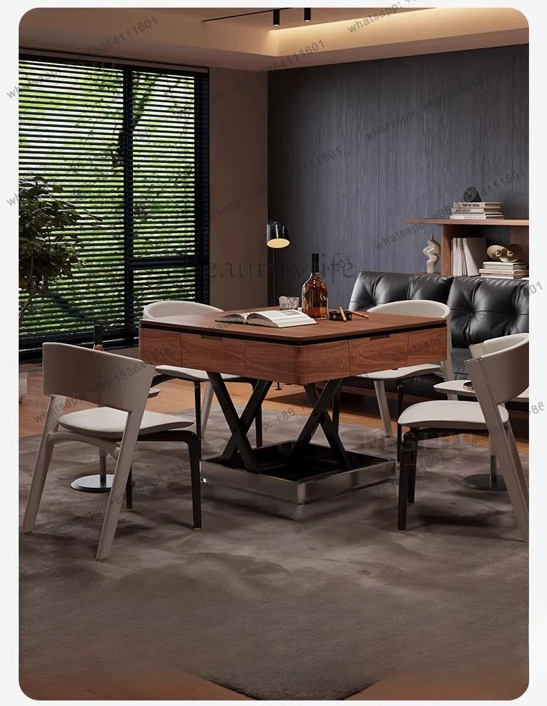 Solid wood mahjong table coffee table can be lifted and lowered, medium antique walnut color can be moved for heating