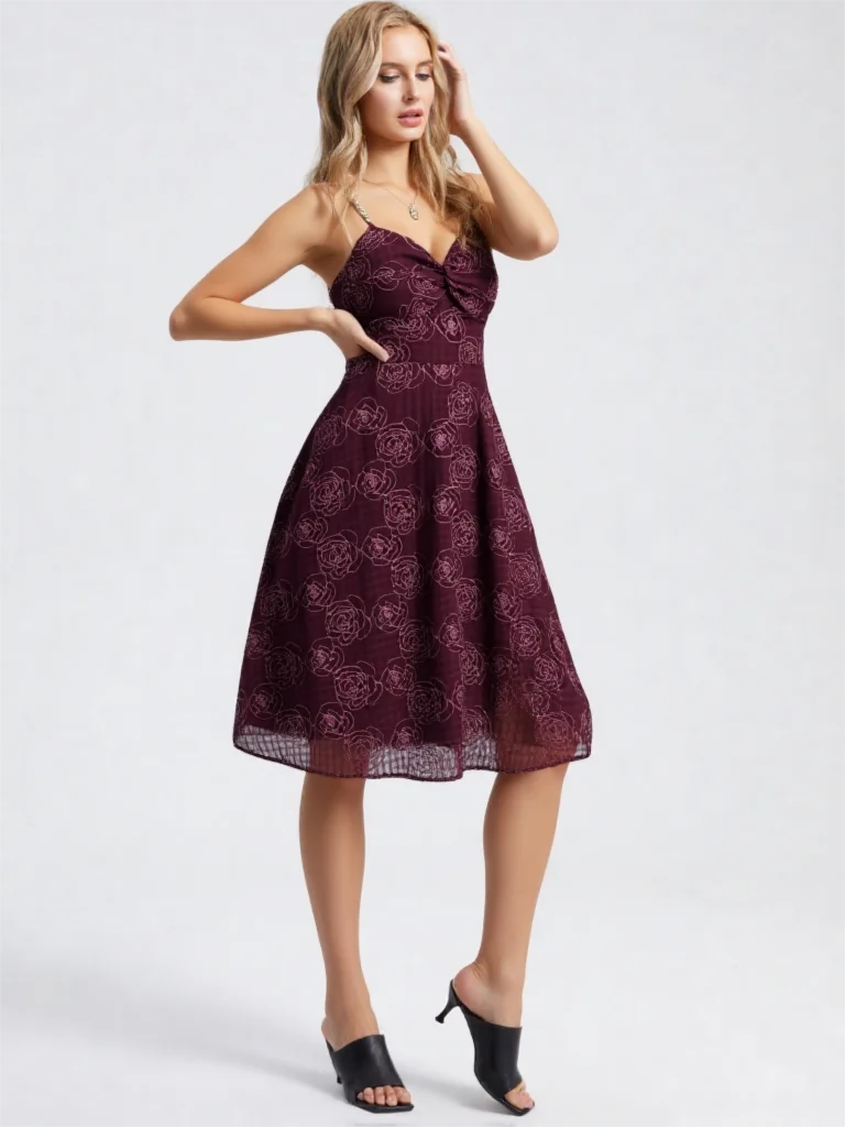 ชุดเดรสปาร์ตี้ฤดูร้อนปี 2026 ลายดอกกุหลาบแดง ปักลายตาราง ผ้าพันไขว้ ทรงเอไลน์ สายเดี่ยว ชุดลำลองสำหรับผู้หญิง