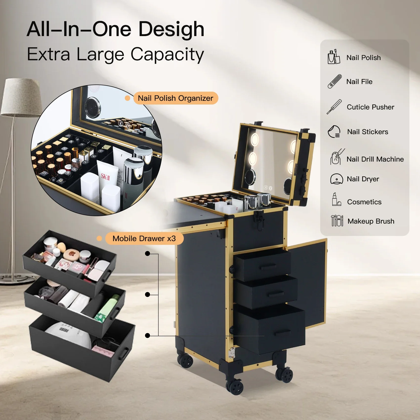 OBOX Portable LED Nail Table With Bluetooth & Storage Foldable White Manicure Station For Salon&Home Use 3 Adjustable Lights
