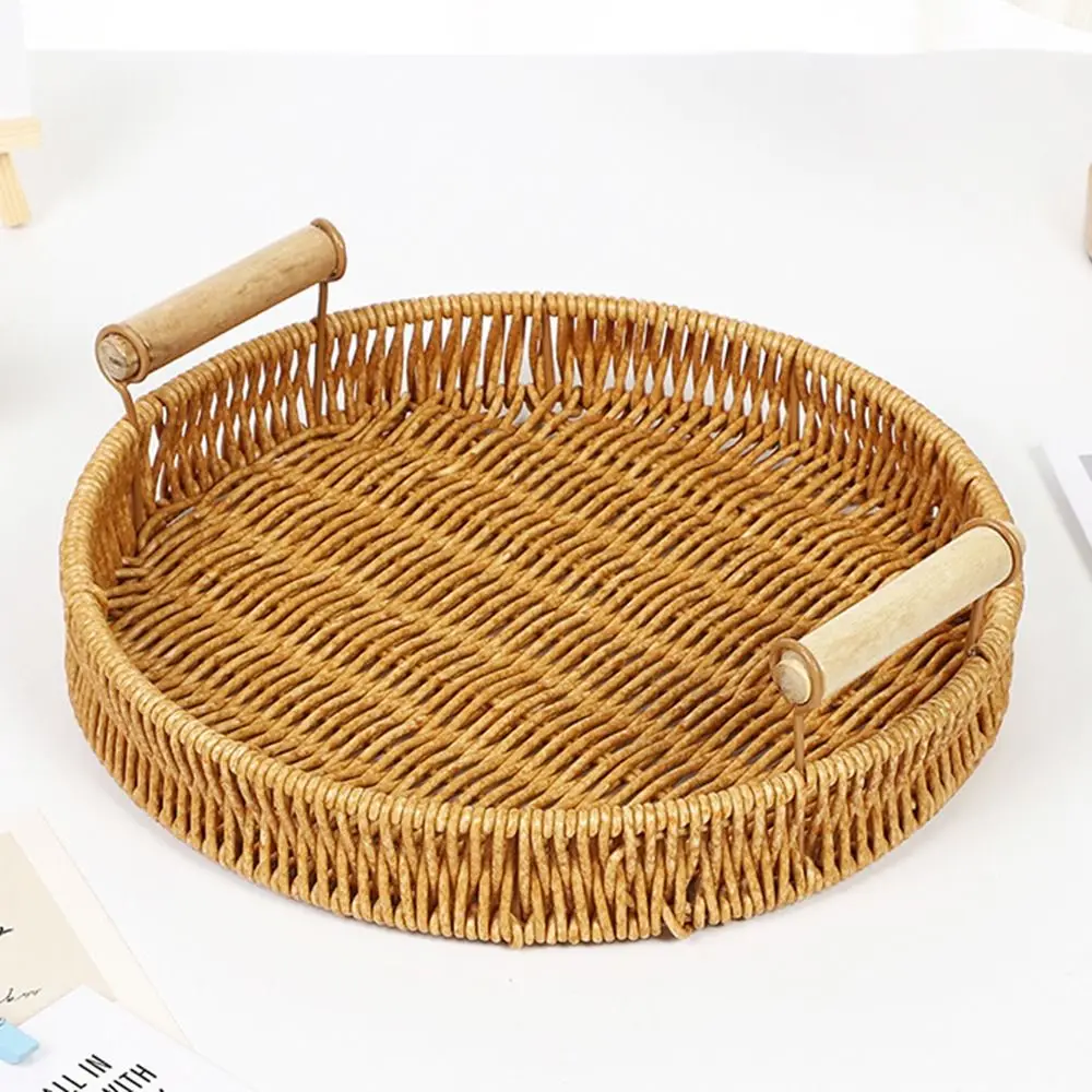 1Pcs Breakfast Bread Food Handwoven Rattan Basket Round Shape Fruit Vegetable Cake Wicker Storage Tray Food Plate With Handle