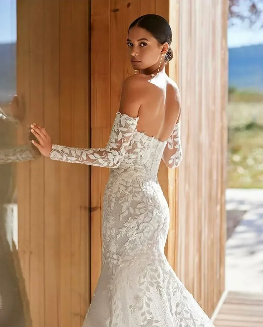 

2025 Detachable Long Sleeves Sweetheart Elegant Lace Appliques Mermaid Wedding Dresses for Bridal Customized