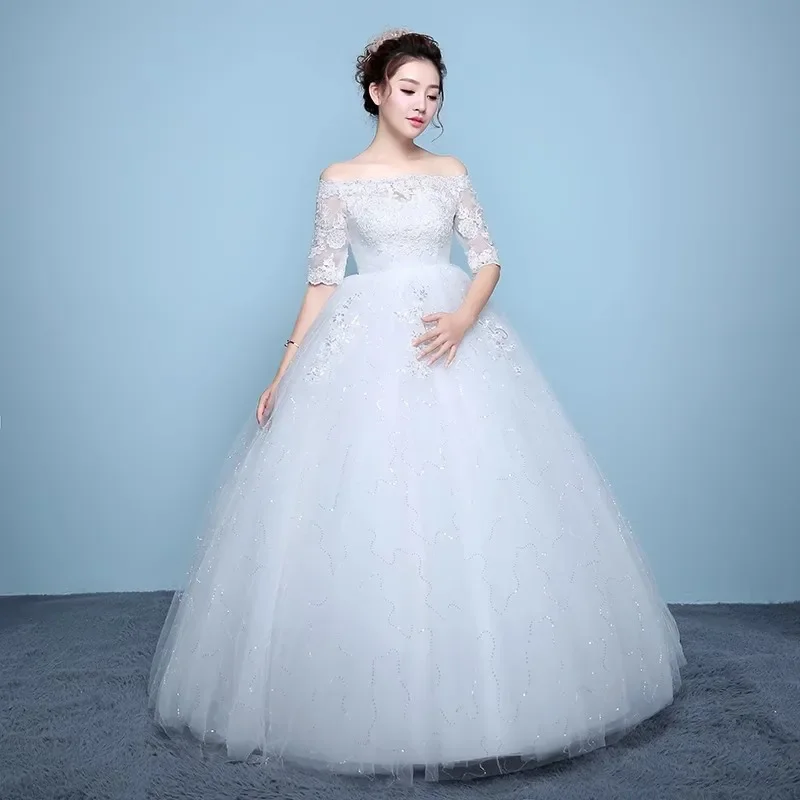 

Cheap Wedding Dress Simple Off the Shoulder Half Sleeves Embroidery Sequins Princess Floor-length Pluss size Pregnant Women Gown