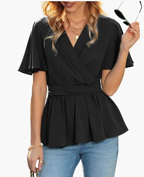 Damska bluzka z falbankami, letnia, kopertowa, z krótkim rękawem, dekolt w serek, top z paskiem.