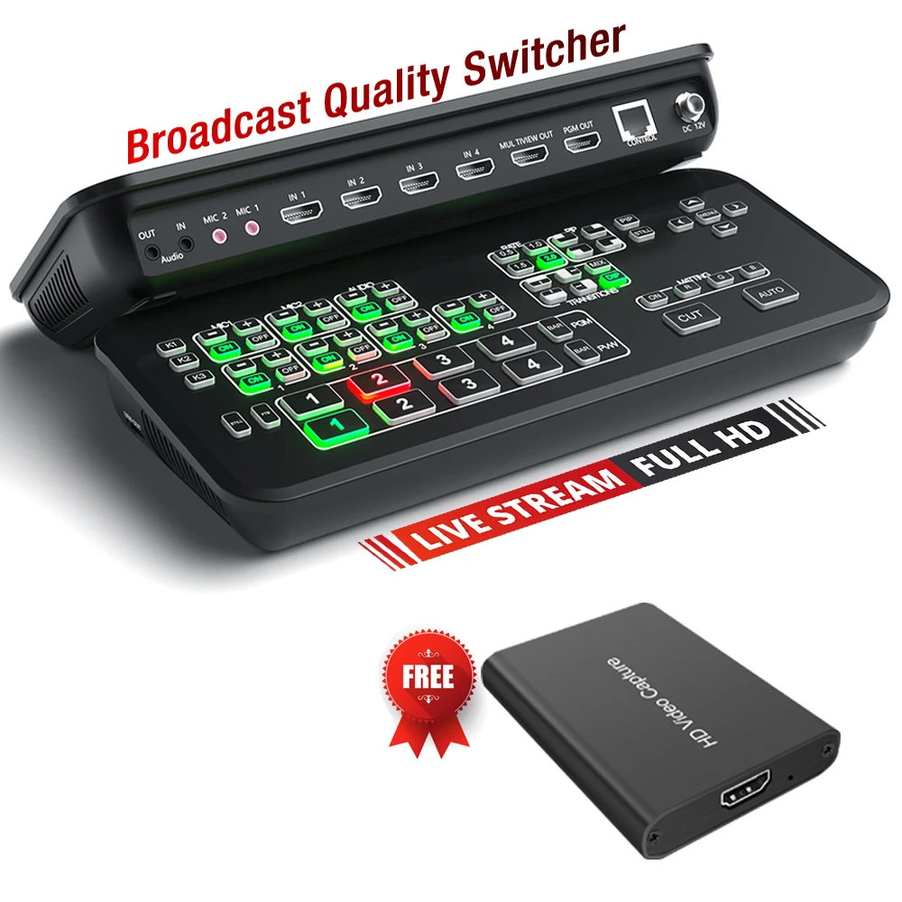 Uitzending Naadloze Video Switcher 4 Kanaals Multi-Camera Hdmi Live Streaming Switch Matrix Capture Mini Mixer Broadcasting Vmix