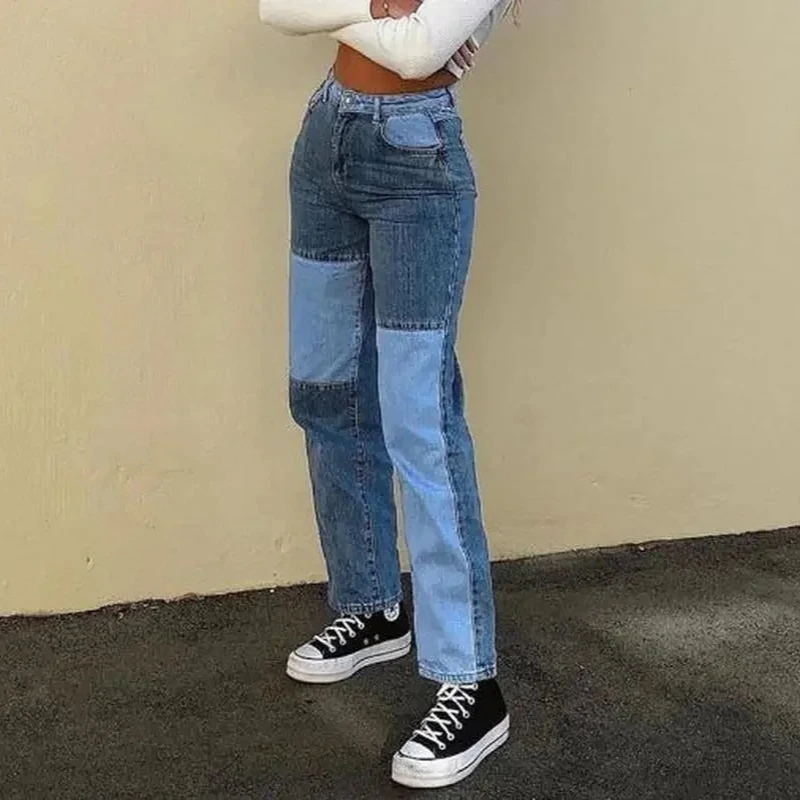 Patchwork Skinny Straight Jeans Women Fashion 2021 High Waist Pocket Sexy Color Block High Street Long Gray Denim Trousers