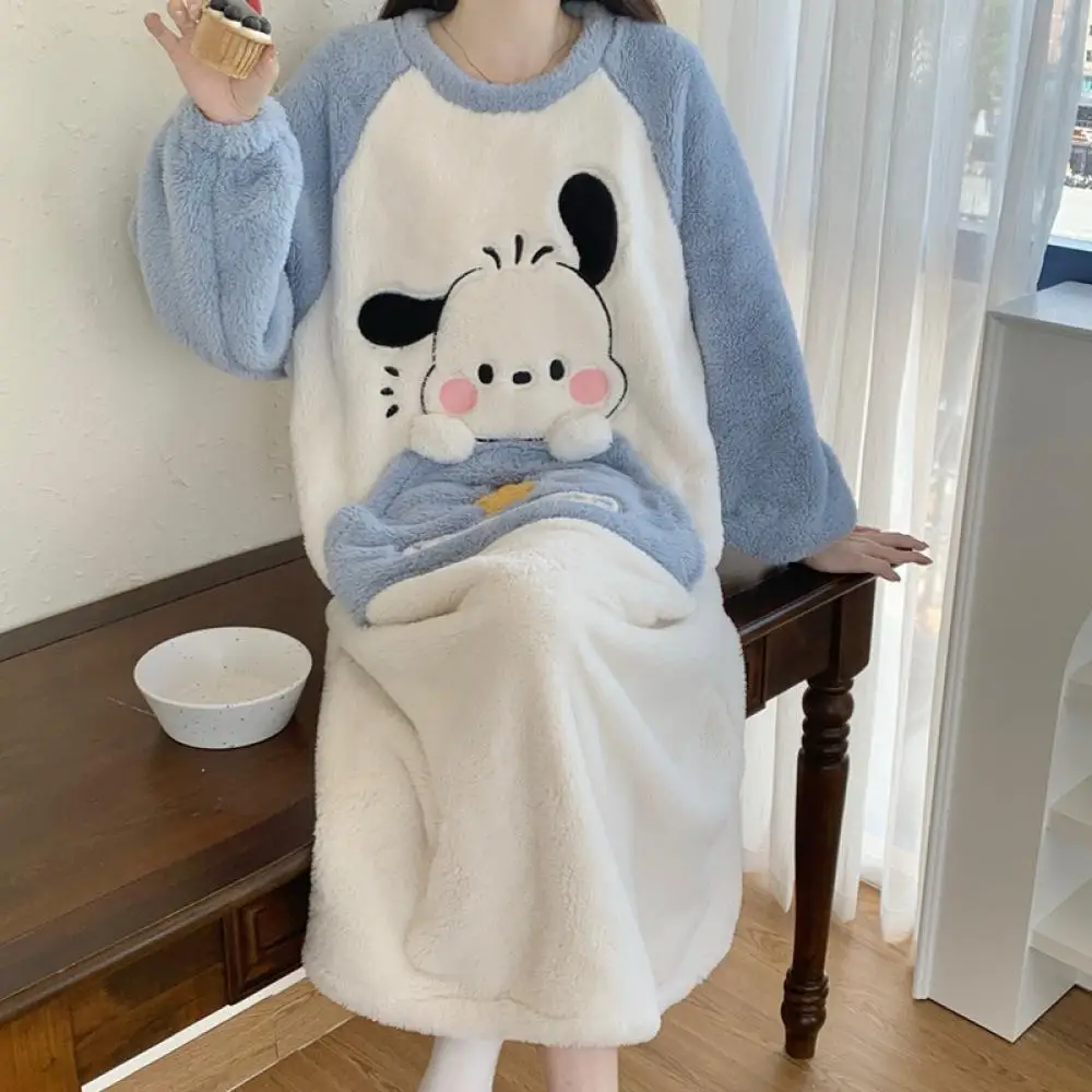 

Cute Pochacco Warm Plush Pajama Hello Kitty Night Skirt for Women Autumn Long Coral Velvet Thickened Kawaii Cartoon Homeclothes