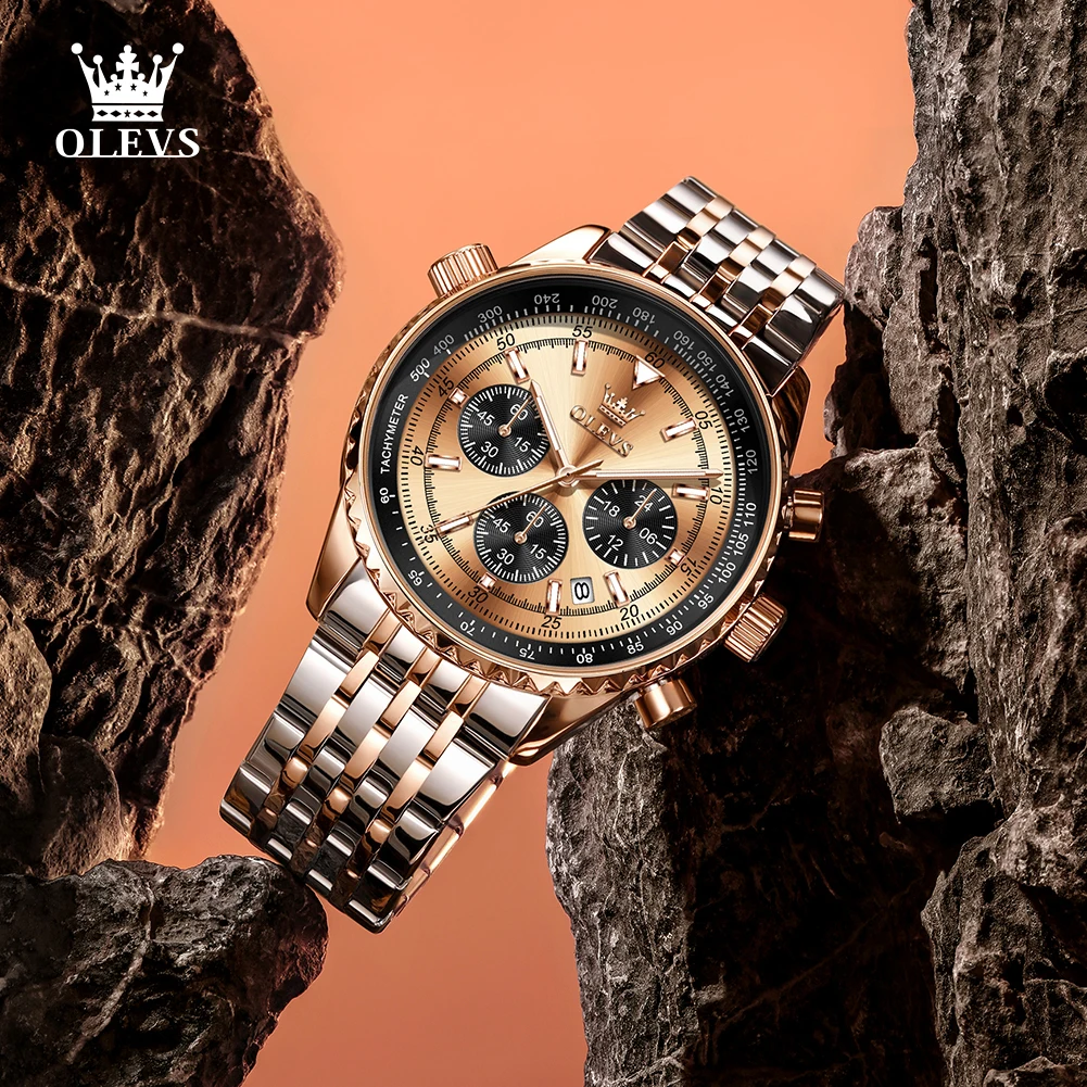 OLEVS 2995 Original Quartz Watch for Men Stainless Steel Rotation Bezel Chronograph Waterproof Luminous Date Luxury Man Watch