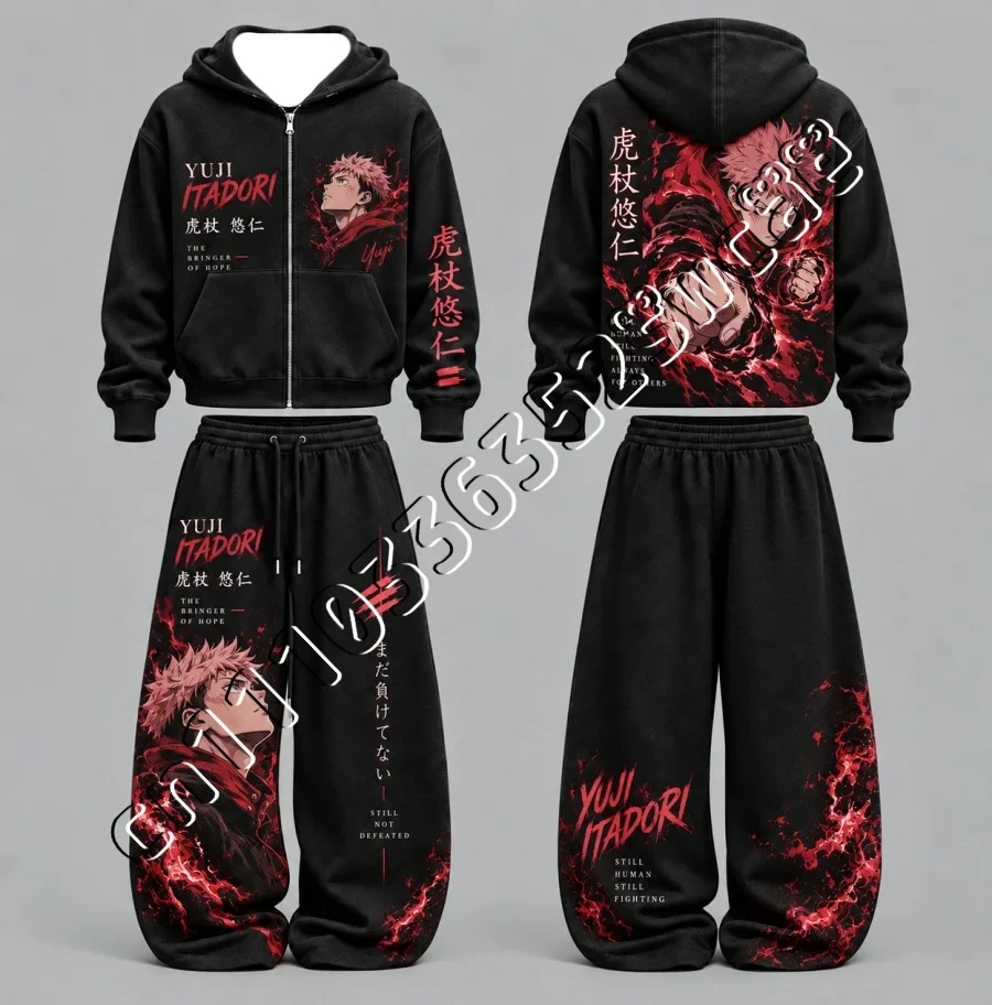 Jujutsu Kaisen Tracksuit, Autumn Winter Zip Up Hoodie  Wide Leg Pants Set, Unisex Anime Character Hooded Outfit FamilyMatching