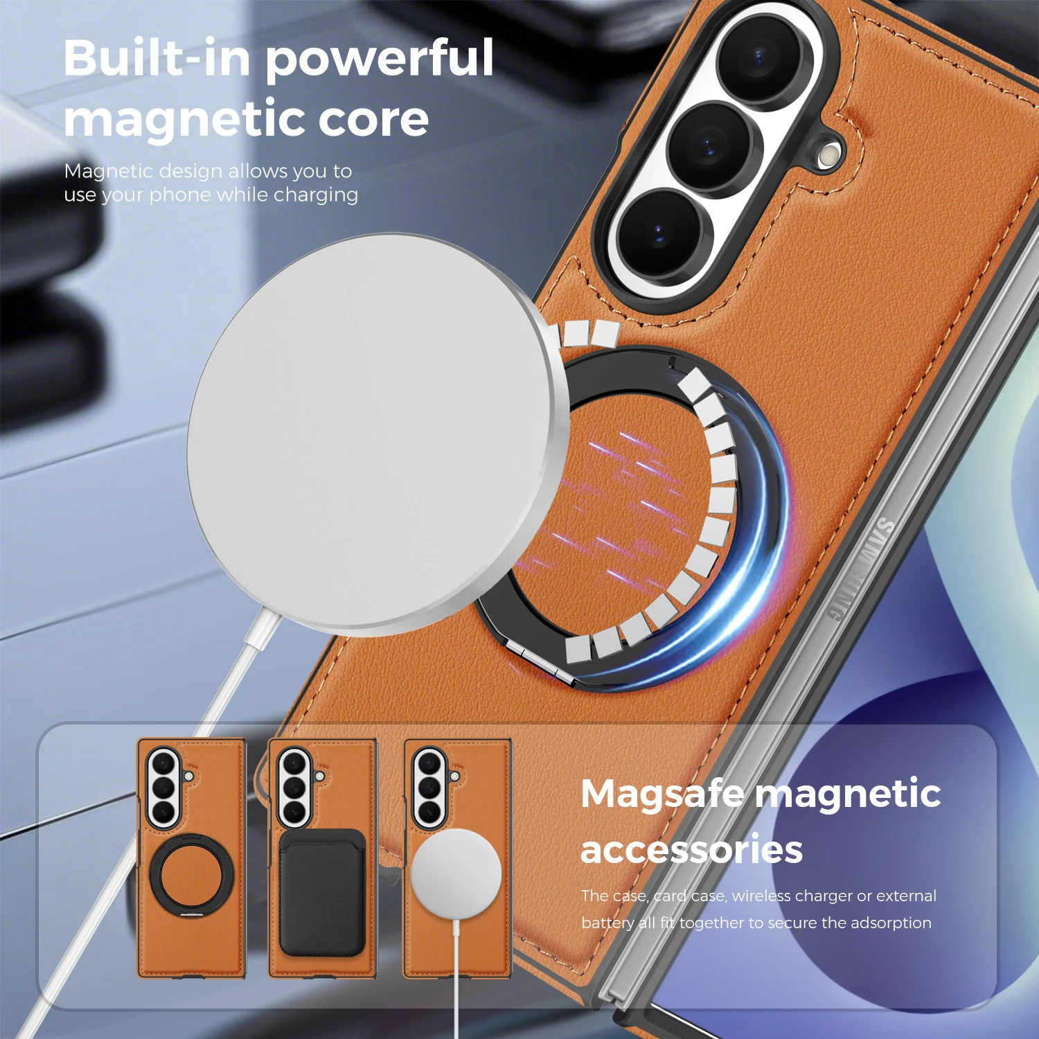 For Magsafe Magnetic Phone Case For Samsung Galaxy Z Fold 8 7 6 5 4 3 Leather Hinge Bracket Full Screen Glass Protective Cover