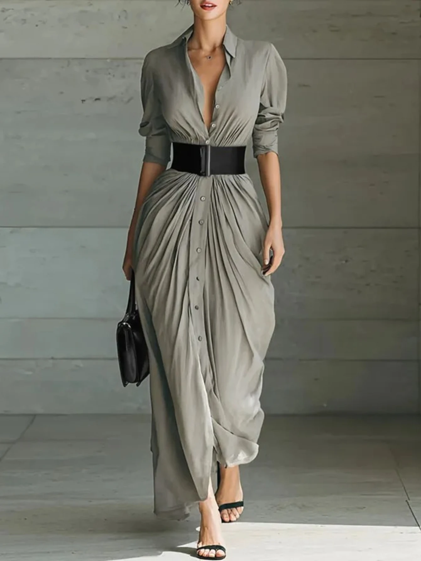 

Женское элегантное платье с лацканами, поясом, плиссировкой, длинным рукавом, однотонное, с разрезом, для вечеринок, осеннее