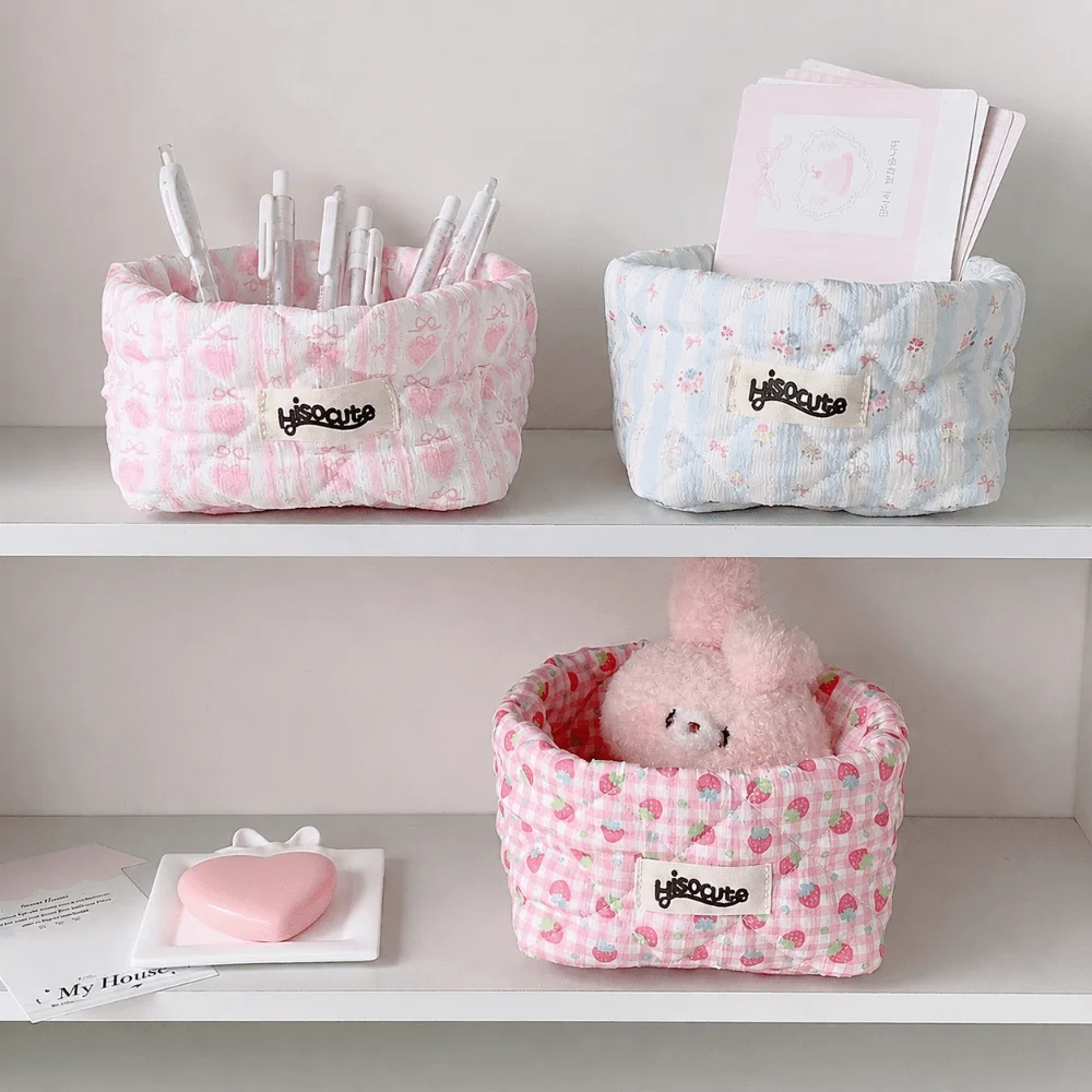 Quilted Fabric Desktop Storage Basket Floral Strawberry Print Foldable Pen Holder Large Capacity Desk Tidy Basket Stationery