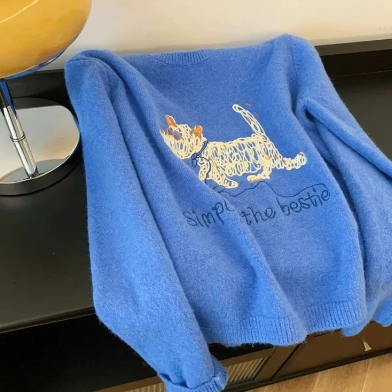 

Свободный пуловер с круглым вырезом и вышивкой для женщин, осенне-зимняя нижняя рубашка, топ