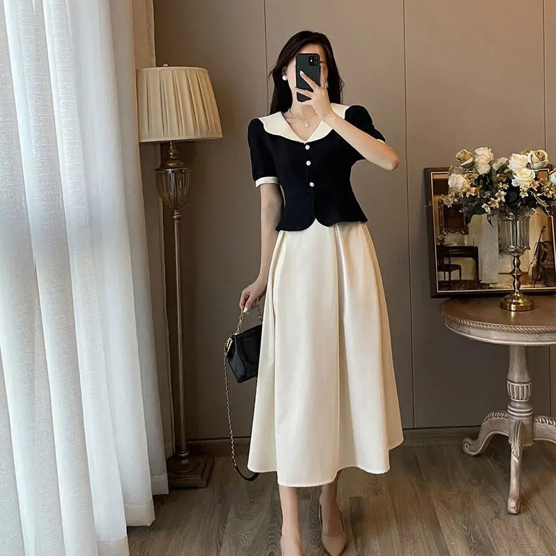 Summer Elegant Women Skirt Sets Retro Office Lady Outifits Puff Sleeve Black Top A Line Skirts Korean Fashion Sweet Hepburn Suit