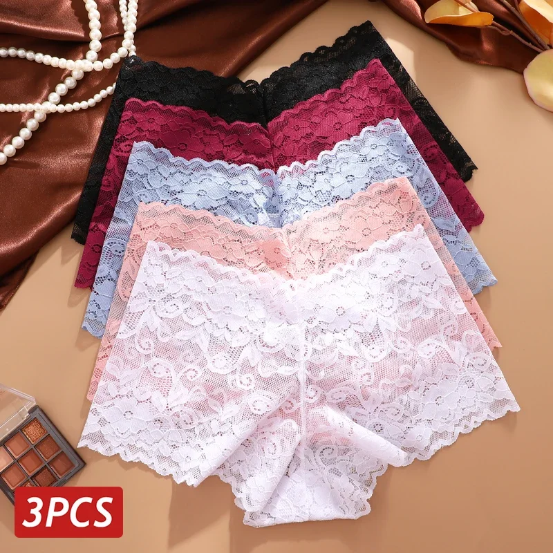 

Women Sexy Lace Panties 3PCS/Set Floral Lace Boyshort Female Underwear V Waist Breathable Intimates Panties Solid Color Lingerie