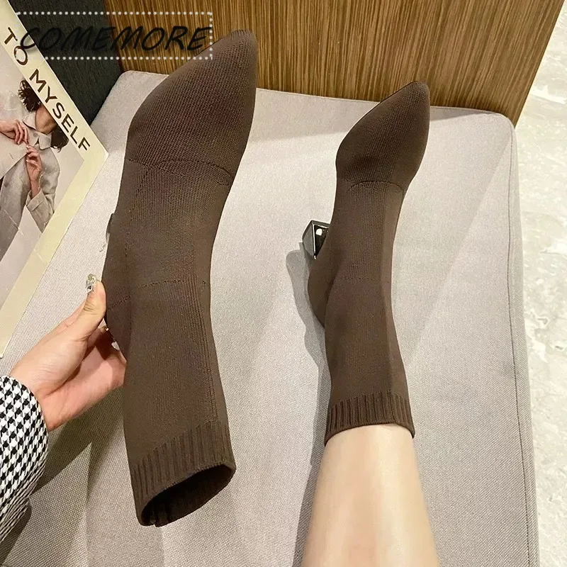 2025 New Autumn Winter Thick High-heeled All-match Thin Boots Women's Pointed Toe Mid-tube Elastic Socks Boots Women Comfortable