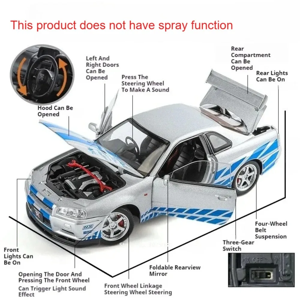 Model samochodu wyścigowego GTR R34 w skali 1:24, zabawka, odlew ze stopu, otwierane drzwi, napęd na sprężynę, modele samochodów sportowych, dźwięk, światło, prezenty dla dzieci.