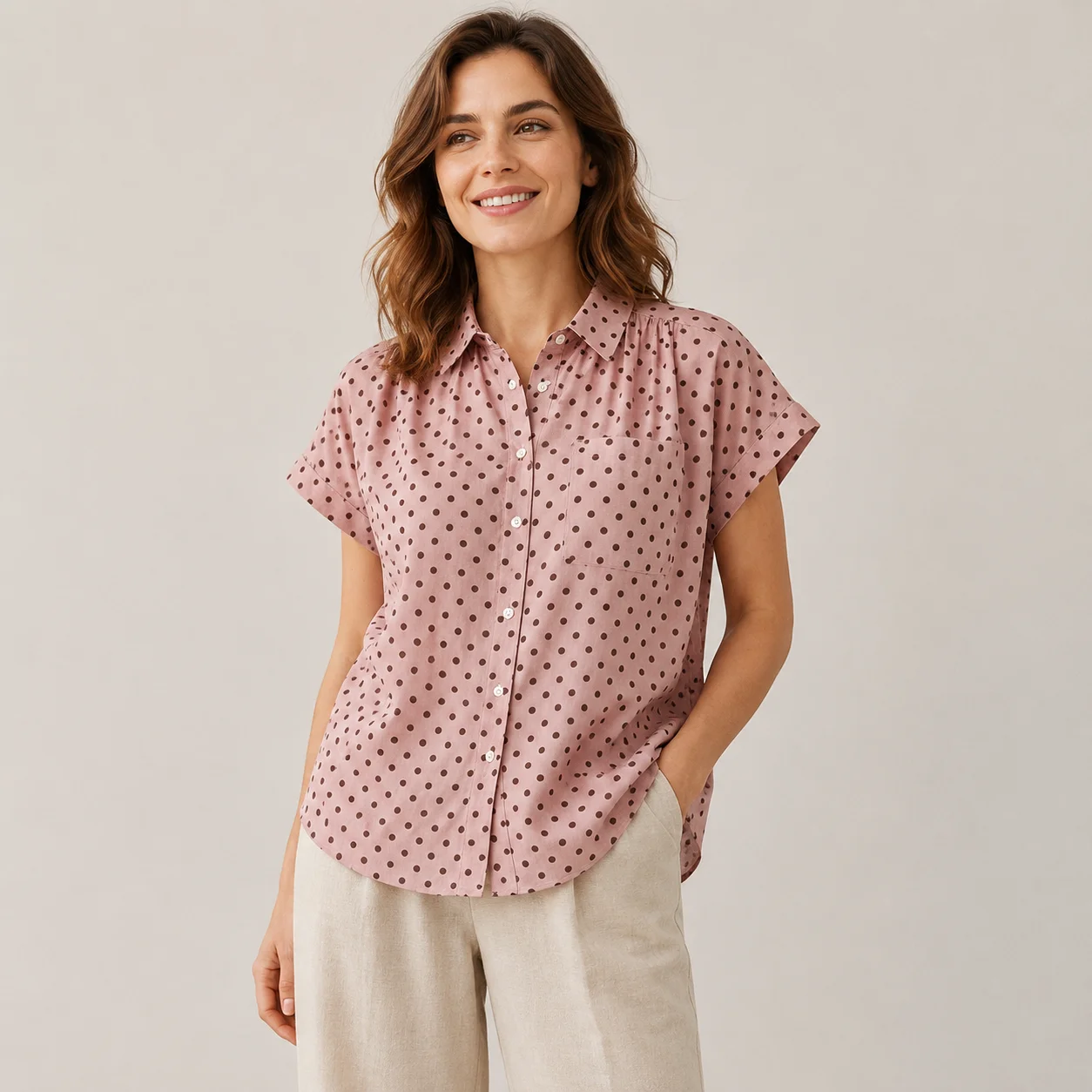 EOENKKY Women Polka Dot Short Sleeve Button Down Shirt Cotton Blend Collared Blouse with Pocket Casual Summer Top