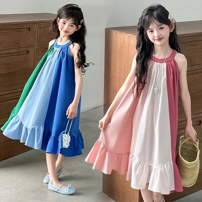 

Kids Girls Sweet Color-Block Spliced Neckdress for Summer Costumes Cotton High Quality Children's Clothes Age 7 8 9 10 12 14Year