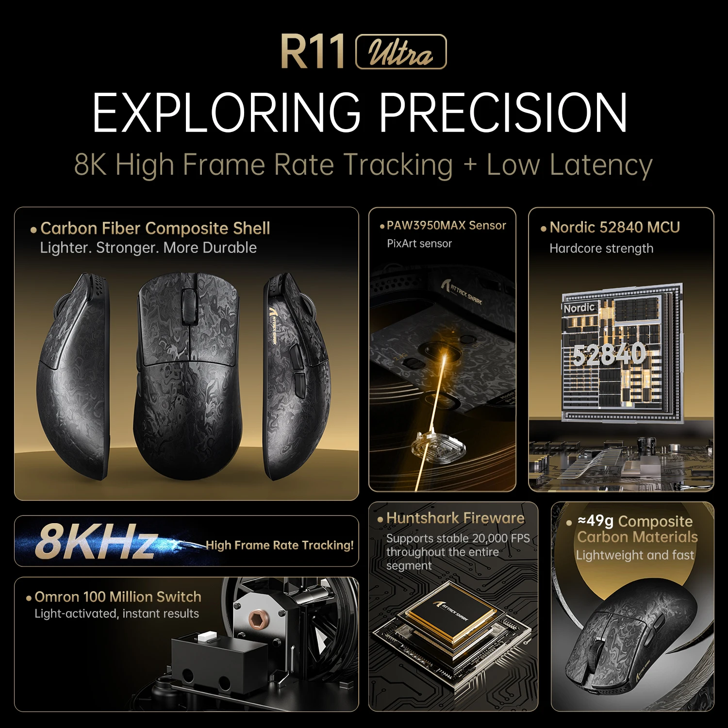 ماوس ألعاب Attack Shark R11 Ultra من ألياف الكربون لاسلكي 8K Polling PAW3950MAX مستشعر 42000 ديسيبل متوحد الخواص OMRON 100M Switch #6