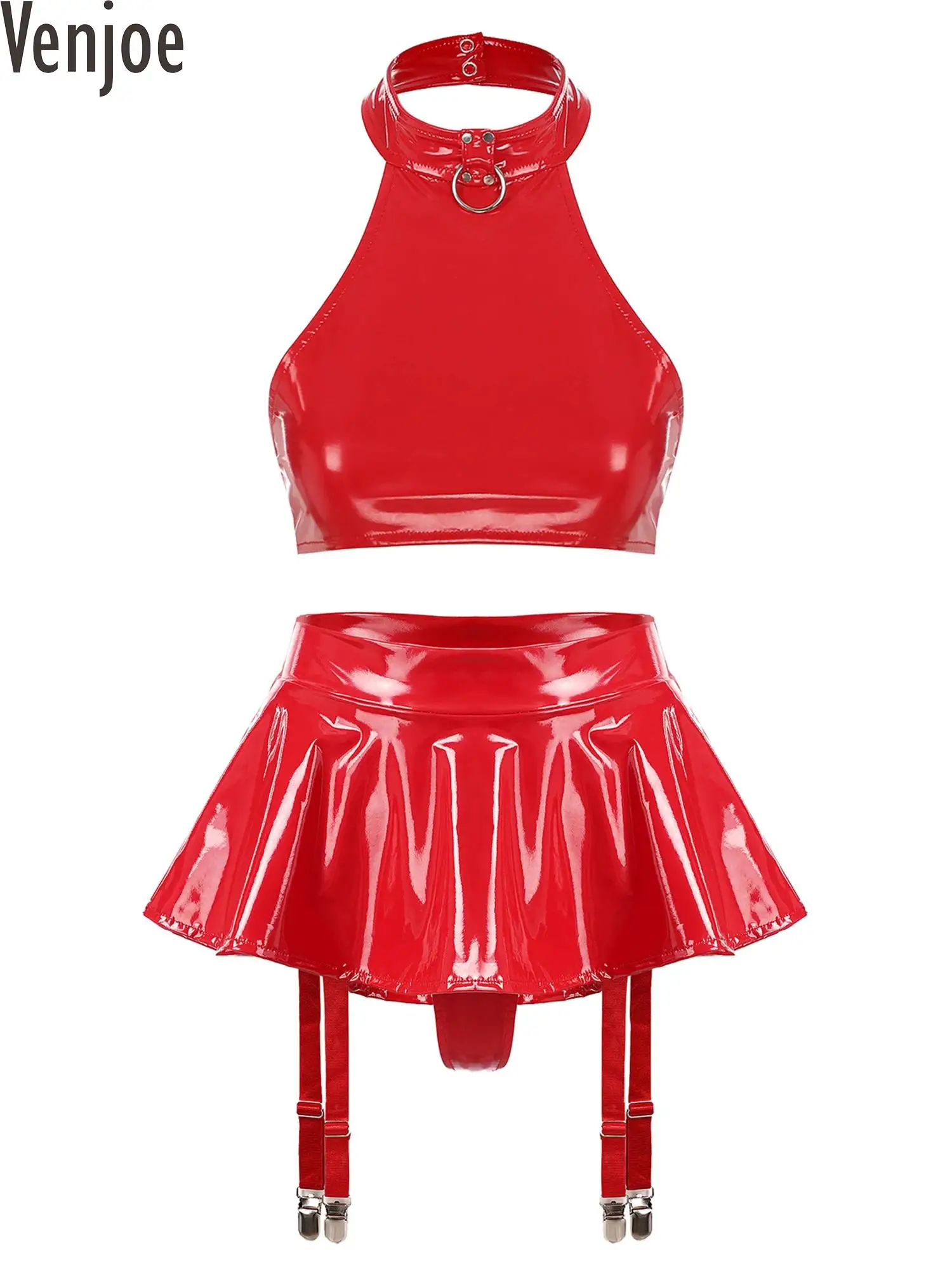 

Womens Two-Piece Patent Leather Lingerie Set Nightclub Rave Outfit Halter Backless Crop Top with Thongs Ruffle Miniskirt Set