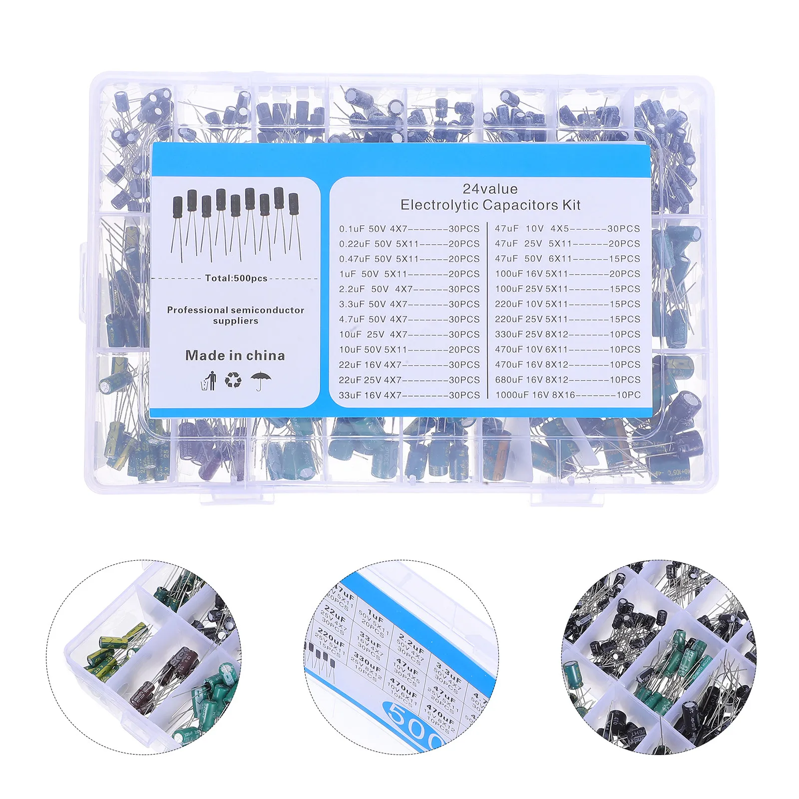 500Pcs Electrolytic Capacitor Kit Aluminum Assortment 0.1uf-1000Uf Lifespan Compatible for LCD Radios Stereo Electronics