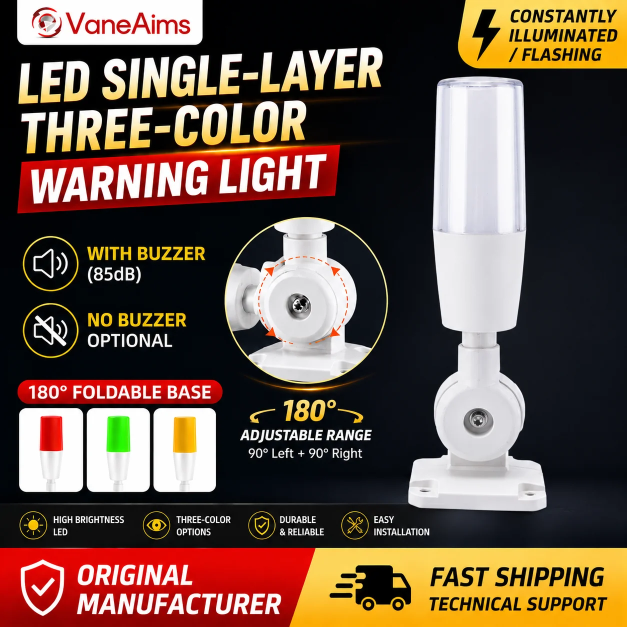 単層三色ledアラームライト180-°-折りたたみ式角型ベース-ブザー付き-ac-dc12v-24v-信号警告灯-赤-黄-緑