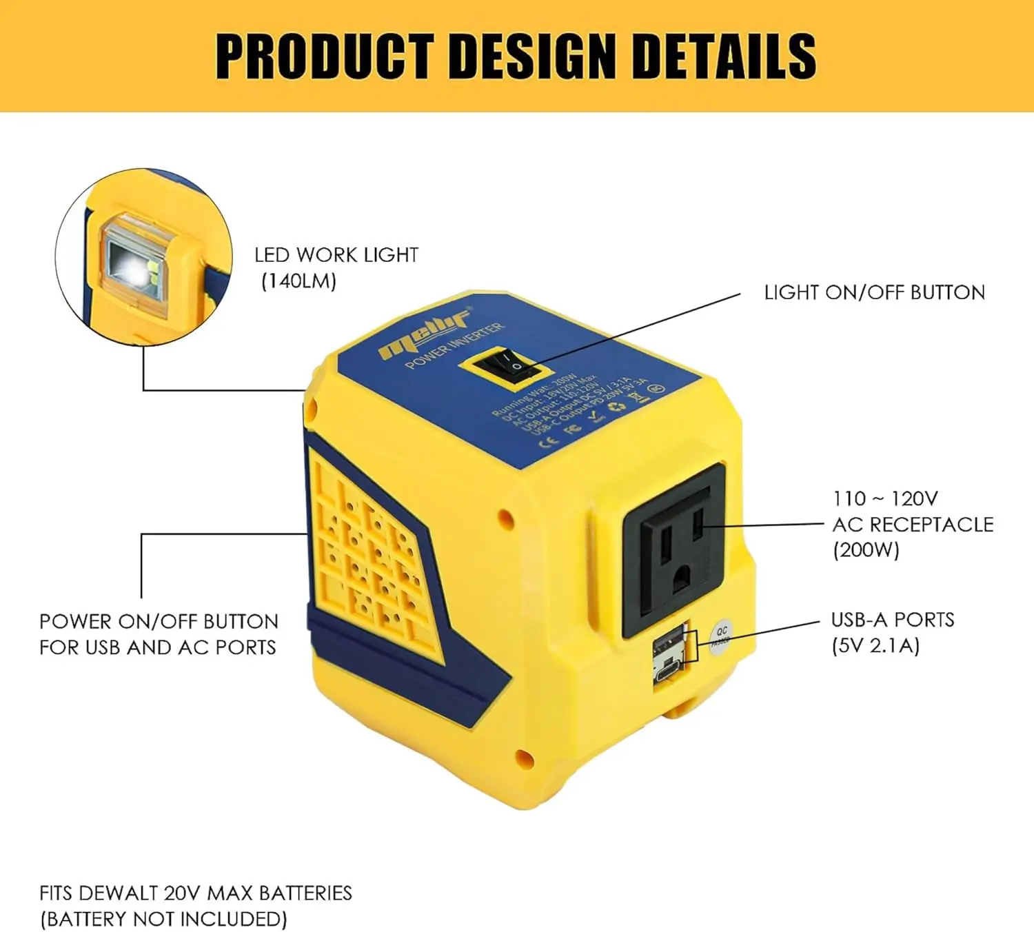 Power Adapter Compatible with Dewalt 20V Max Battery, DC 20V to 110V Voltage Converter, 200W Inverter Power Converter(Tool Only)