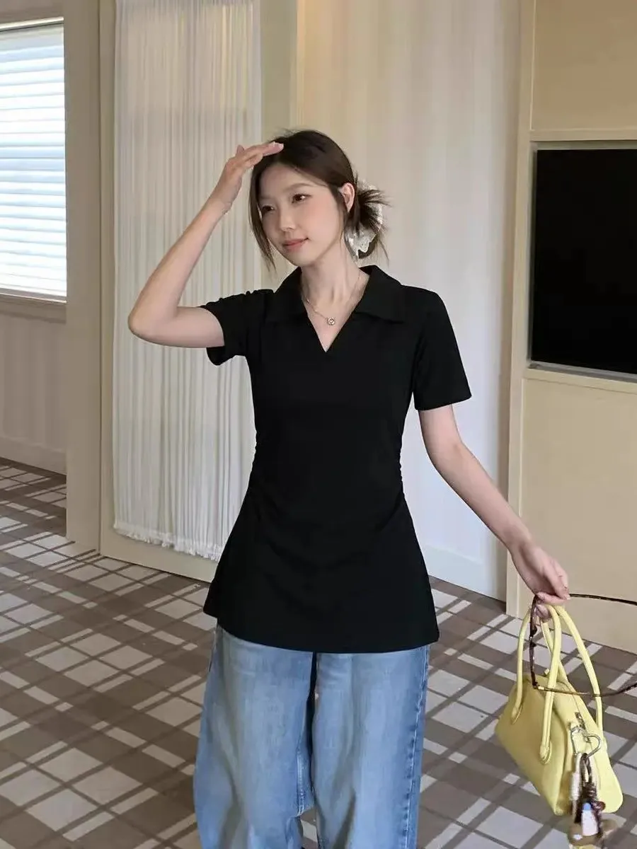 

Женская футболка-миди больших размеров с завышенной талией, скрывающая живот, простой дизайн, повседневный стиль, корейский крой