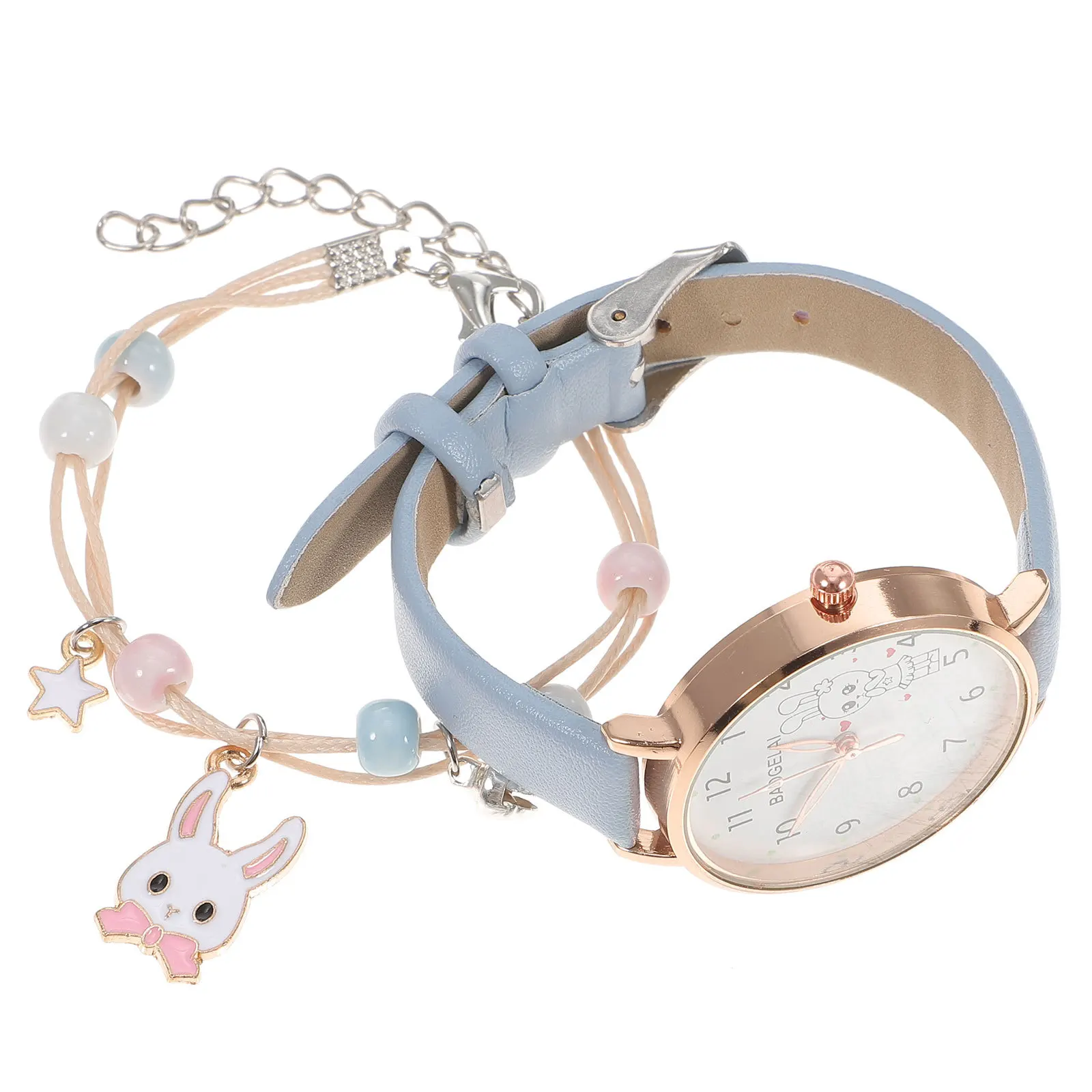 1Set Cute Rabbit Watch Bracelet Set for Girls Fashionable Kids Timepiece Simple Accurate Student Watch Comfortable Wear Daily