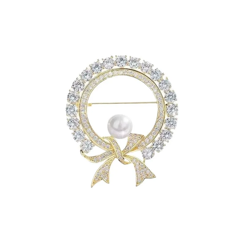 Round White Crystal Pearl Cute Bowknot Brooches For Women Fashion Creative Luxury Alloy Anti-glare Lapel Clothes Fixed Pins