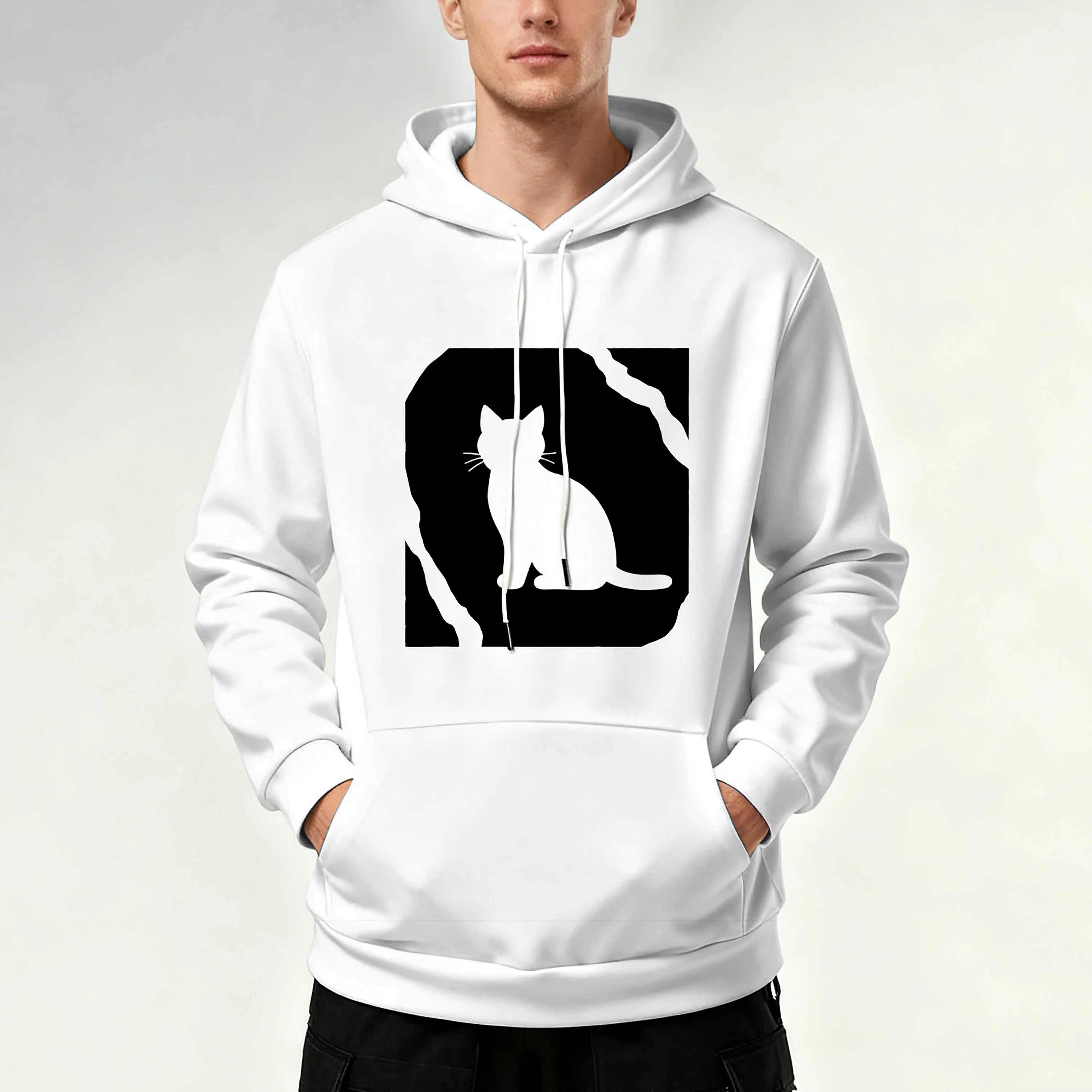 

Новая мужская толстовка с капюшоном, карманами на шнурке и принтом черного кота, повседневная и стильная.